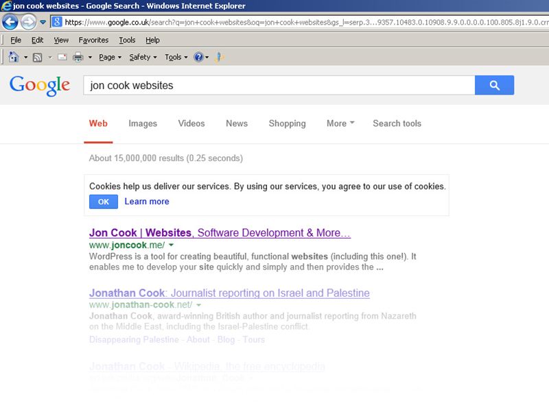 Google search results for “jon cook websites” with joncook.me ranked first